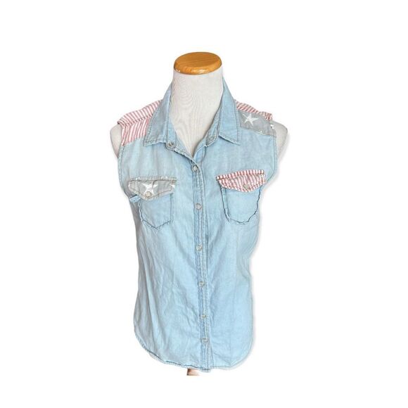 Womens Chiqle Denim Architect Stars & Stripes Sleeveless Top - Sz M - Picture 4 of 4
